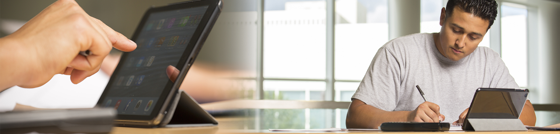 Student at computer with enlarged notebook inset