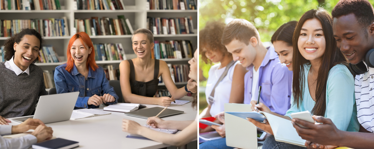 two photos student groups happily studying 