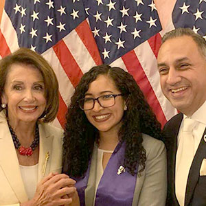 Speaker Nancy Pelosi, CSUF student Miriam Tellez & Gil Cisneros