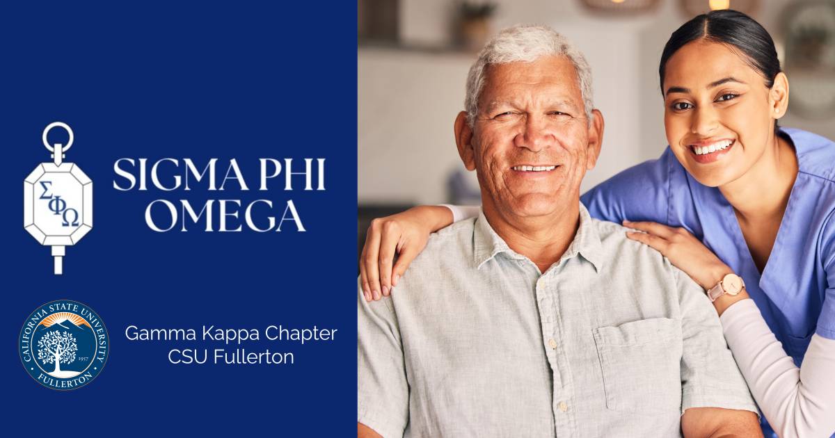 Sigma Phi Omega CSFU logo of tree left side photo of nurse with elderly man