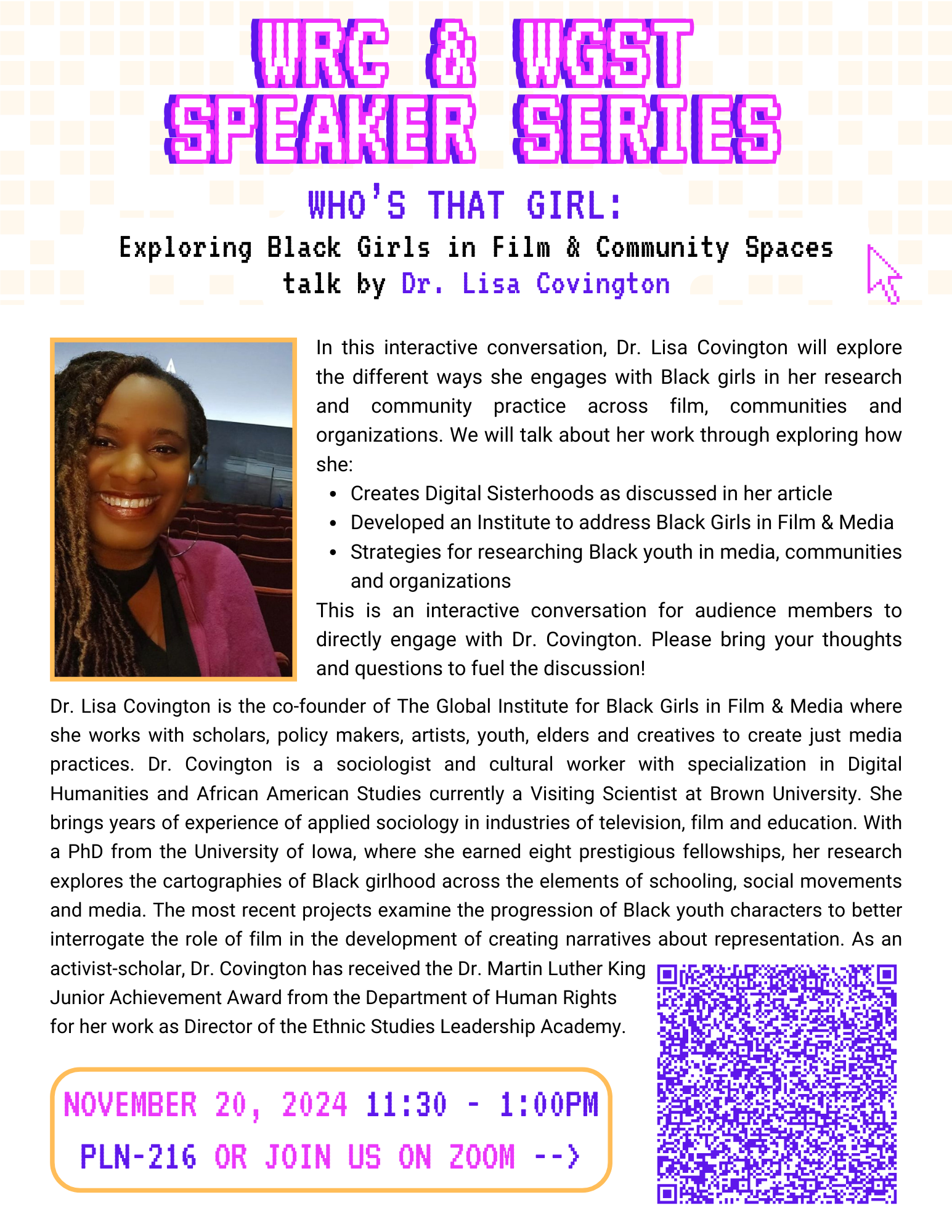 Event flyer for "Who's That Girl" talk by Dr. Lisa Covington