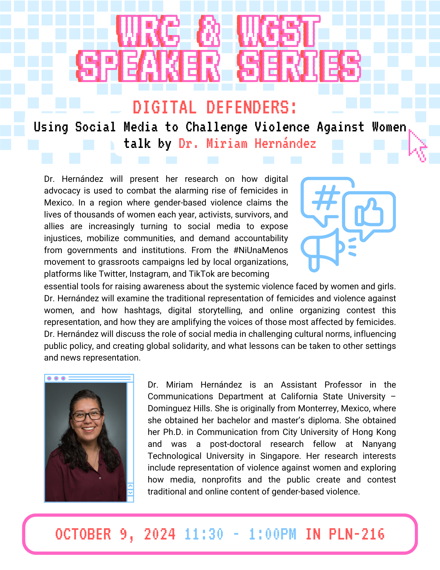 Event flyer for "Digital Defenders" talk by Dr. Miriam Hernandez