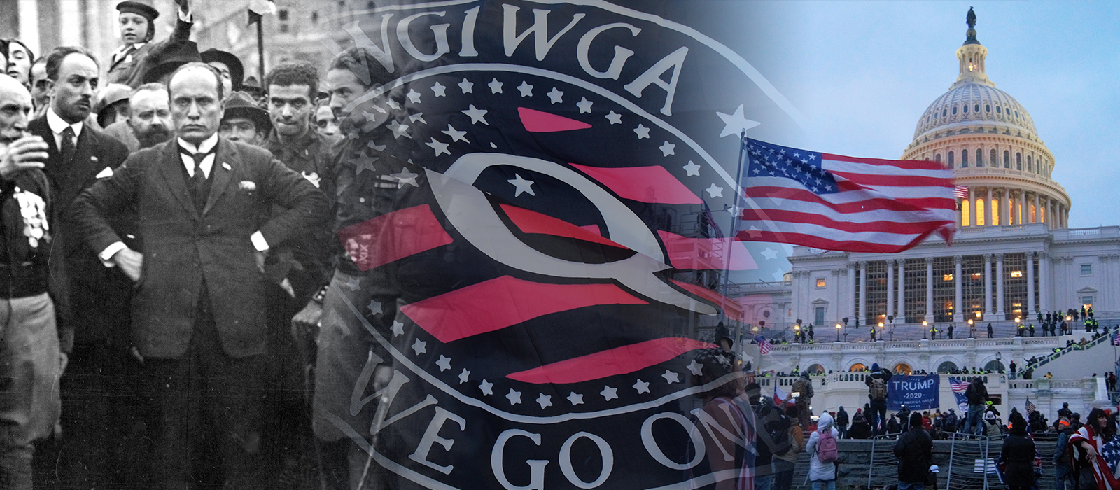 Collage with Mussollini, QAnon flag and Capitol Riots